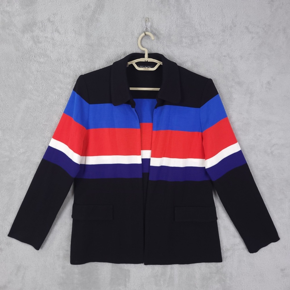Misook Cardigan Jacket Medium Open Front Black Red White Blue Knit Stripe